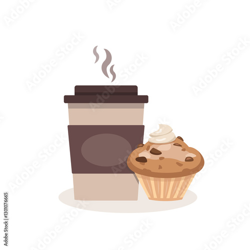 Illustration of a hot drink with a cupcake on a white background
