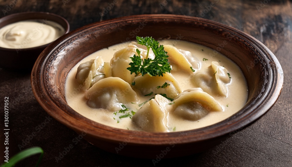 delicate dumplings in creamy sauce held gently in a rustic bowl delicate dumplings in creamy sauce held gently in a rustic bowl