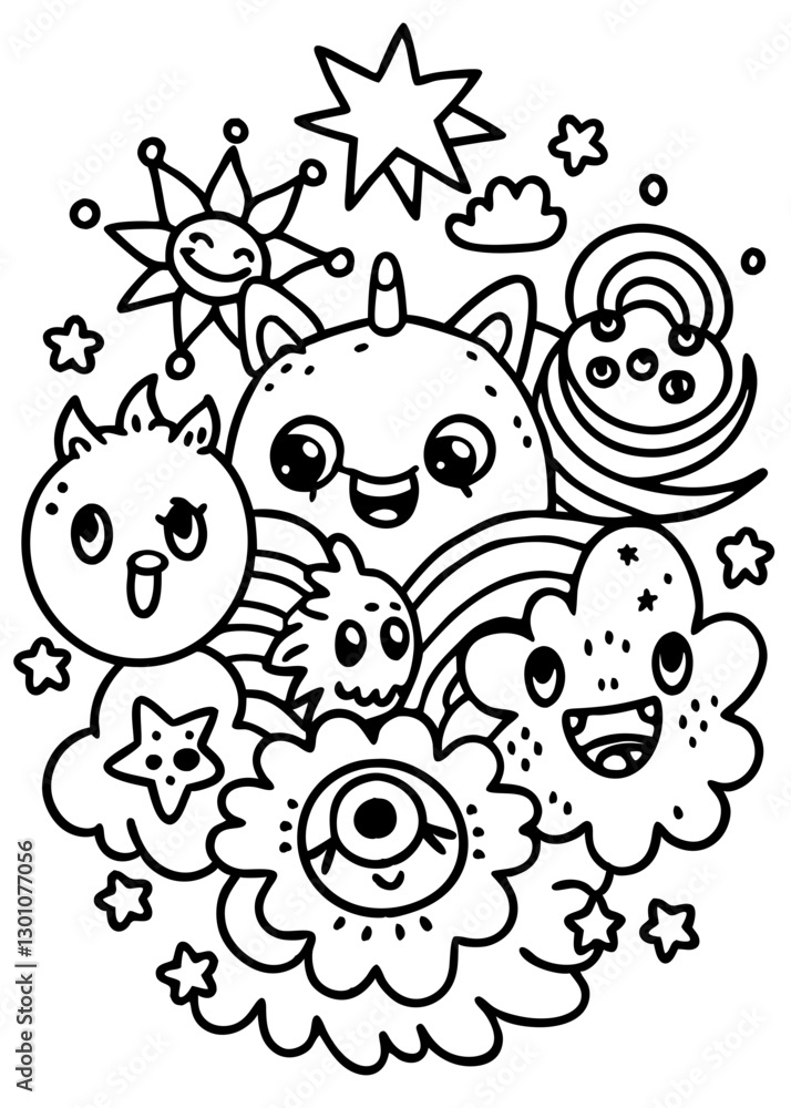Fototapeta premium Whimsical doodle creatures: A delightful illustration showcases a cluster of playful and imaginative doodle creatures, perfect for coloring pages, designs, or creative projects. 