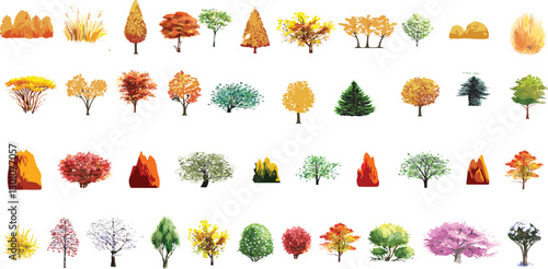 trees set watercolor illustration, hand drawn for architecture or decorative