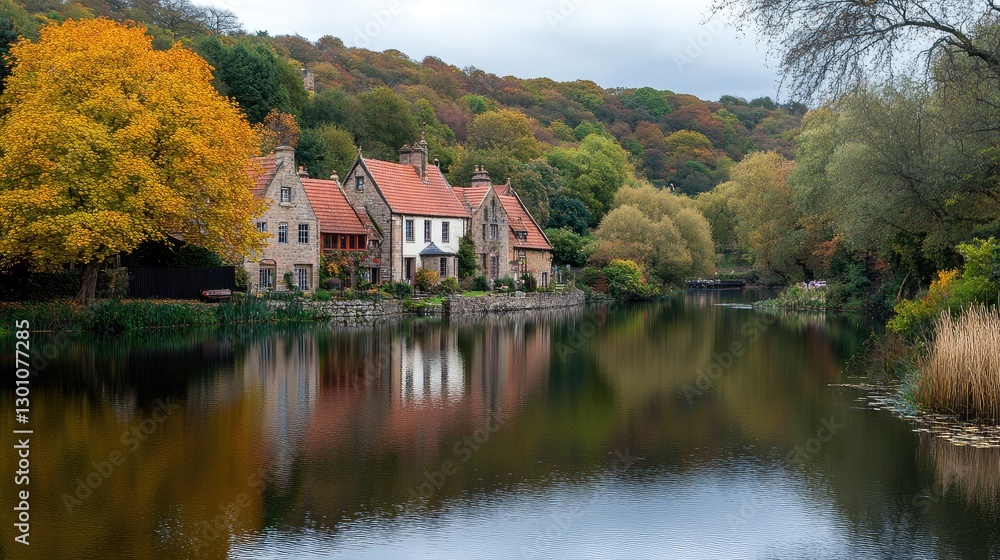 A picturesque village by a lake surrounded by autumn trees, reflecting the stunning scenery. A picturesque village by a lake surrounded by autumn trees, reflecting the stunning scenery.