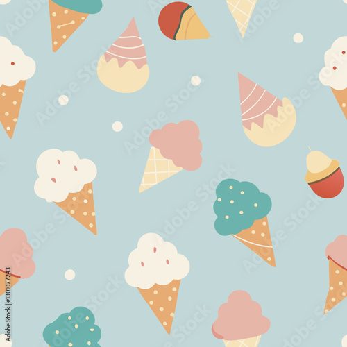 Sweet Treat Symphony: A delightful array of whimsical ice cream cones in assorted colors and styles dance across the scene in a joyful repeat pattern.
