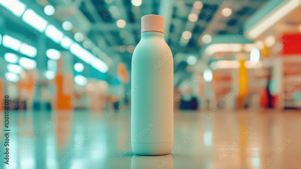 Pale Green Water Bottle on Shiny Floor in Blurred Indoor Setting Pale Green Water Bottle on Shiny Floor in Blurred Indoor Setting