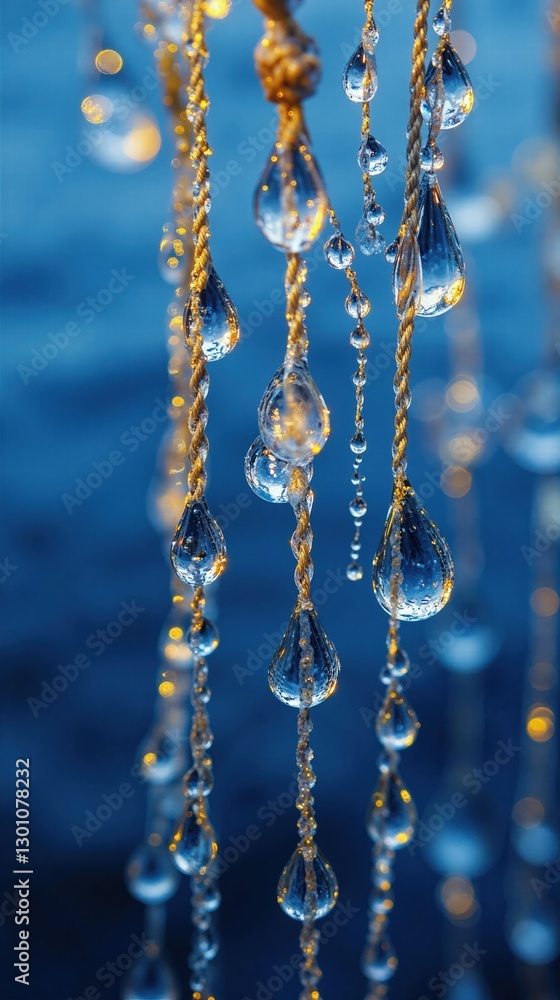 Fototapeta premium Elegant dew drop adorned strings with vibrant blue bokeh background