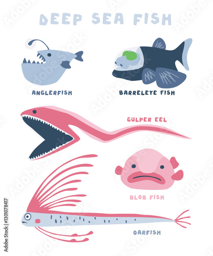Cartoon deep sea Fish Collection for Kids Design. Fun cartoon hand drawn scary fishes for children design illustrations set. EPS10 vector has no background color.