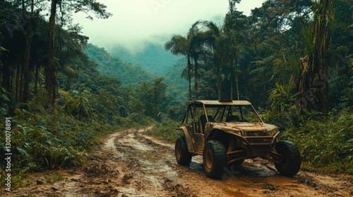 Fototapeta Naklejka Na Ścianę i Meble -  Rugged off-road vehicle explores lush green jungle.