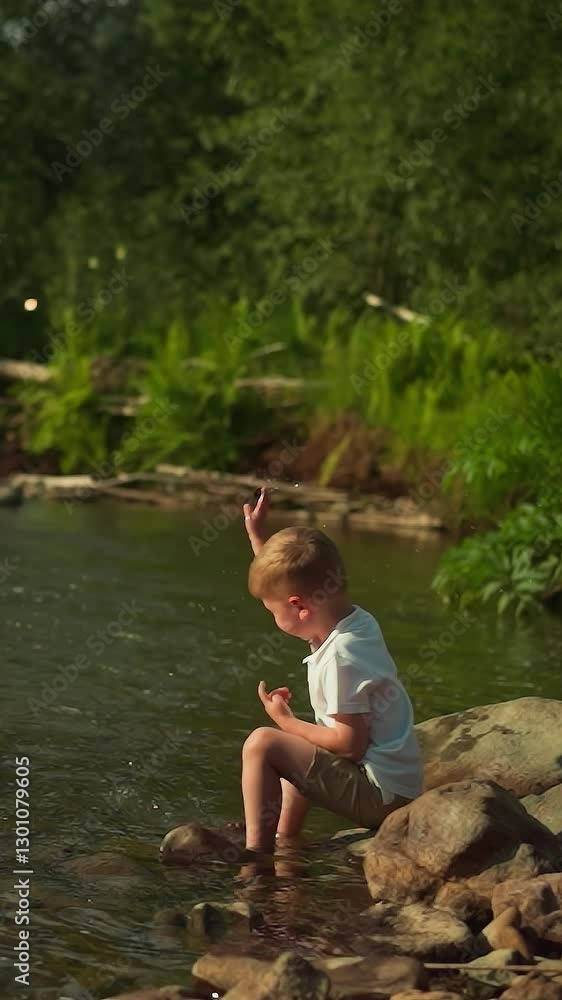 Little boy entertains on riverside throwing stone into lake during summer season. Cute toddler child spends time enjoying fantastic view of reservoir on sunny day Little boy entertains on riverside throwing stone into lake during summer season. Cute toddler child spends time enjoying fantastic view of reservoir on sunny day