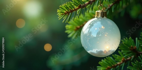 White glass sphere suspended from fir tree sprigs, branch, lighting