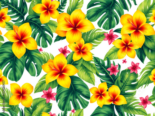 Seamless AI Tropical Floral Pattern with Yellow Flowers and Green Leaves