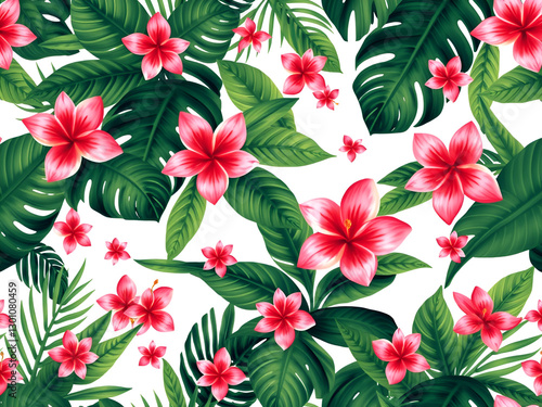 Seamless AI Tropical Floral Pattern with Pink Flowers and Green Leaves