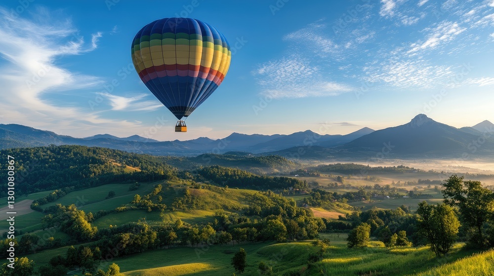 Obraz premium A vibrant, colorful hot air balloon floating over a vast landscape of fields and hills during sunrise.