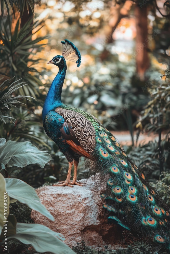 Naklejka premium Peacock on Rock in Forest