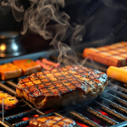 Aromatic steam rises from sizzling steak grill, spices, steak, grill
