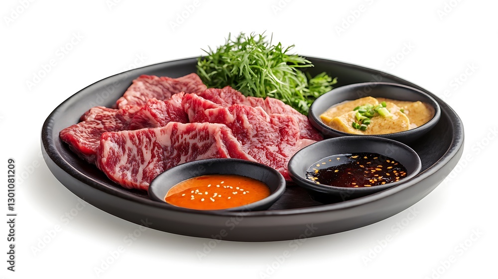 Delicious raw beef slices with dipping sauces on a black plate white background food presentation minimalist style Delicious raw beef slices with dipping sauces on a black plate white background food presentation minimalist style