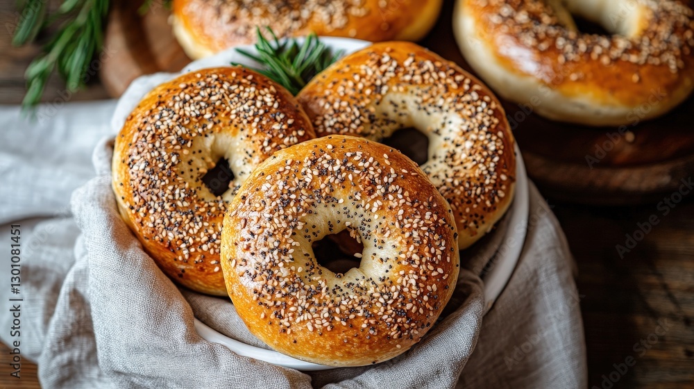 Freshly baked bagels with sesame and poppy seeds resting in bowl Freshly baked bagels with sesame and poppy seeds resting in bowl