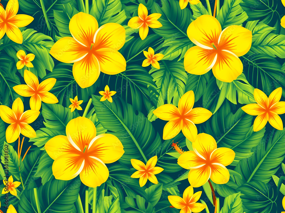 Fototapeta premium Seamless AI Tropical Floral Pattern with Yellow Flowers and Green Leaves