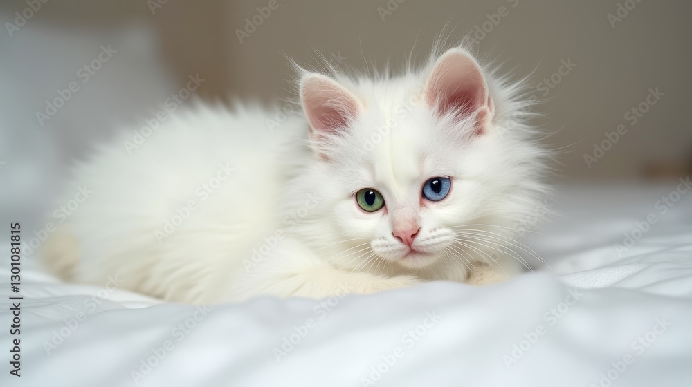 Fototapeta premium White kitten with different color eyes. white background.