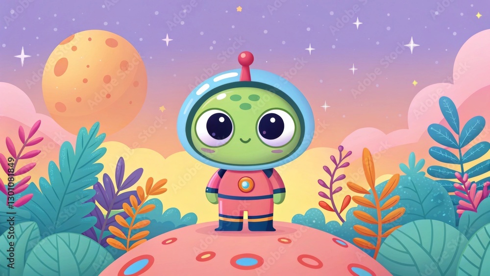 Fototapeta premium A cute and quirky alien cartoon with big round eyes, a small body, and a colorful space suit, standing on a vibrant alien planet