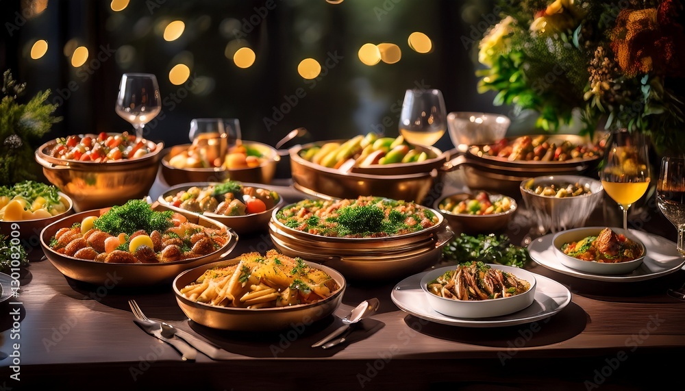 Naklejka premium buffet foods on long table celebration luxury food