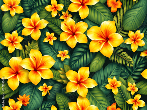 Seamless AI Tropical Floral Pattern with Yellow Flowers and Green Leaves