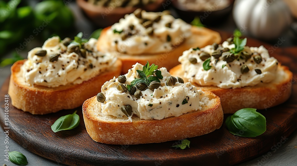 Three bruschetta with capers, white fish, and cream cheese on a brown wood board. Three bruschetta with capers, white fish, and cream cheese on a brown wood board.