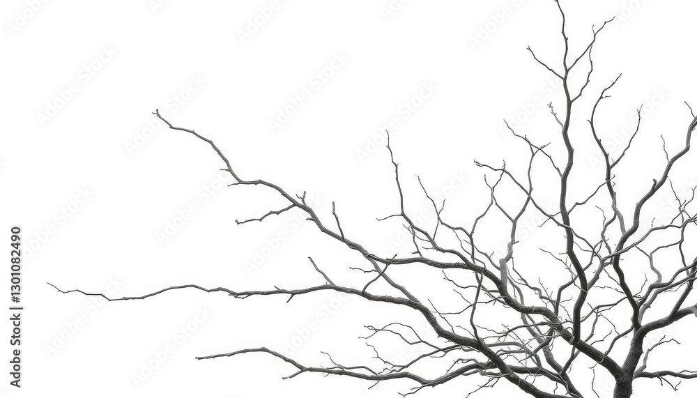 Fototapeta premium Bare, gnarled branches isolated against a pure white backdrop, close-up, graphic