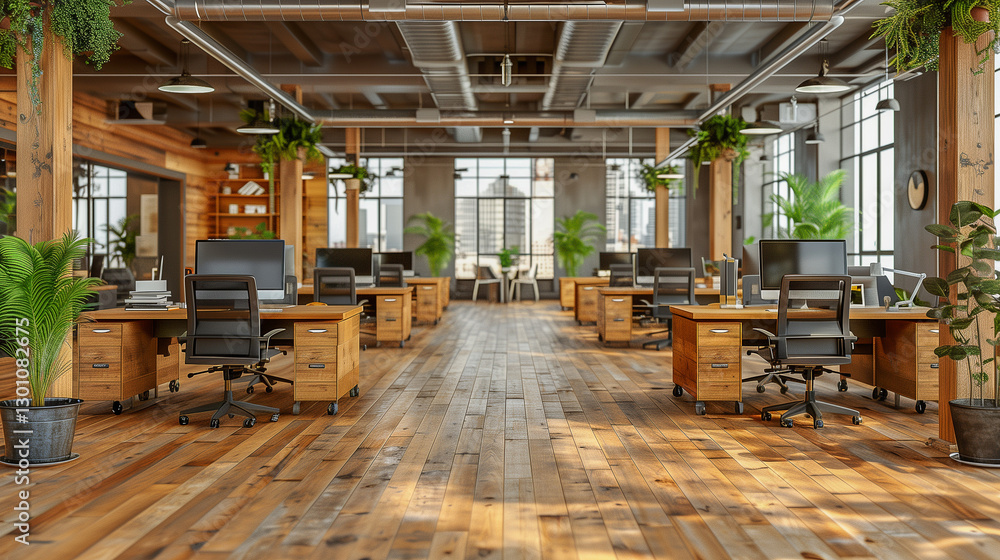 Rustic open-concept office with wooden decor Rustic open-concept office with wooden decor