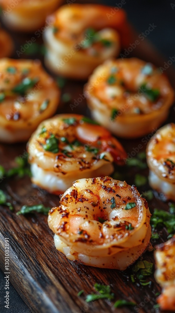 Delicious roasted prawns with herbs lying on wooden board Delicious roasted prawns with herbs lying on wooden board