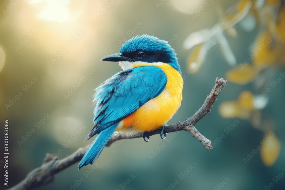 Fototapeta premium Blue Yellow Bird Perched Tree
