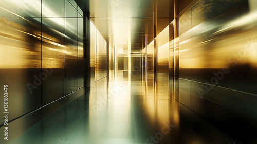 Sophisticated minimalist tech background featuring sleek metallic surfaces and warm lighting creates a futuristic atmosphere in a modern interior space. Generative AI