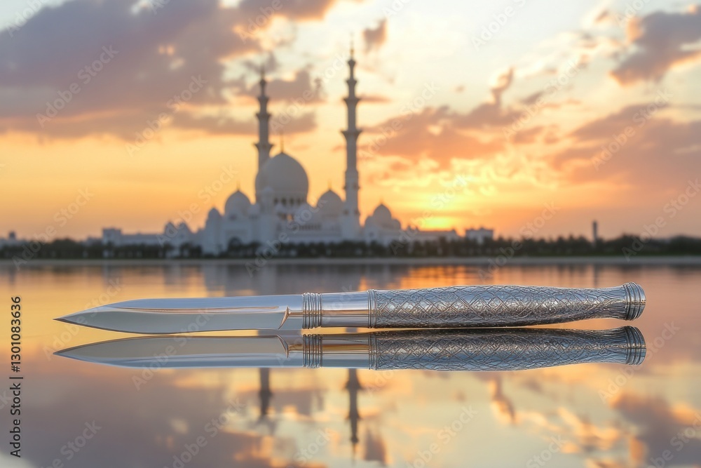 Naklejka premium Elegant knife reflecting sunset over mosque.