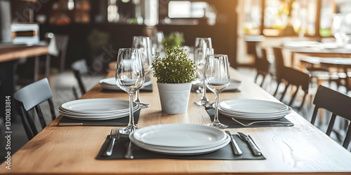 Elegant dining setup featuring plates and glasses in a stylish restaurant, inviting guests for a delightful meal experience