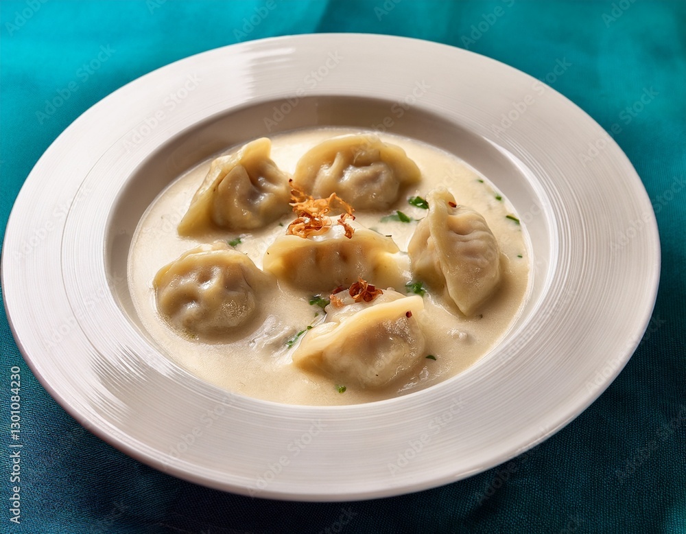 dumplings in creamy sauce plated on a white dish perfect for a comforting meal dumplings in creamy sauce plated on a white dish perfect for a comforting meal