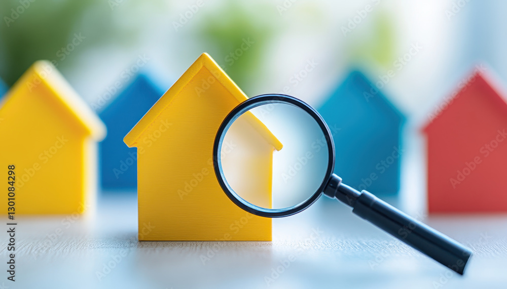 person examines yellow house model with magnifying glass, symbolizing property search person examines yellow house model with magnifying glass, symbolizing property search