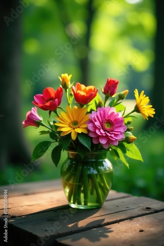 Wallpaper Mural Fresh flowers on a rustic wooden table with greenery, foliage, forest Torontodigital.ca