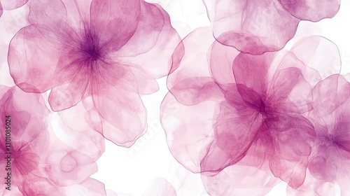 Fototapeta Naklejka Na Ścianę i Meble -  A pink and lilac floral pattern, painted in a watercolor style, on a white background. The edges are soft, and the details are blurred, with subtle color transitions between the colors