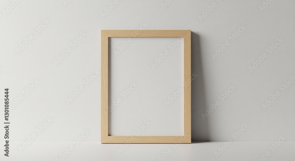 Elegant light wood frame stands subtly against a bright white wall. AI Generated Elegant light wood frame stands subtly against a bright white wall. AI Generated