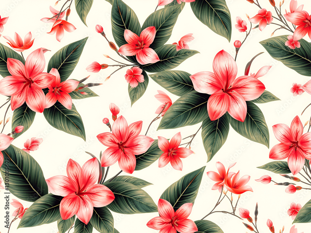 Seamless AI Tropical Floral Pattern with Pink Flowers and Green Leaves Seamless AI Tropical Floral Pattern with Pink Flowers and Green Leaves
