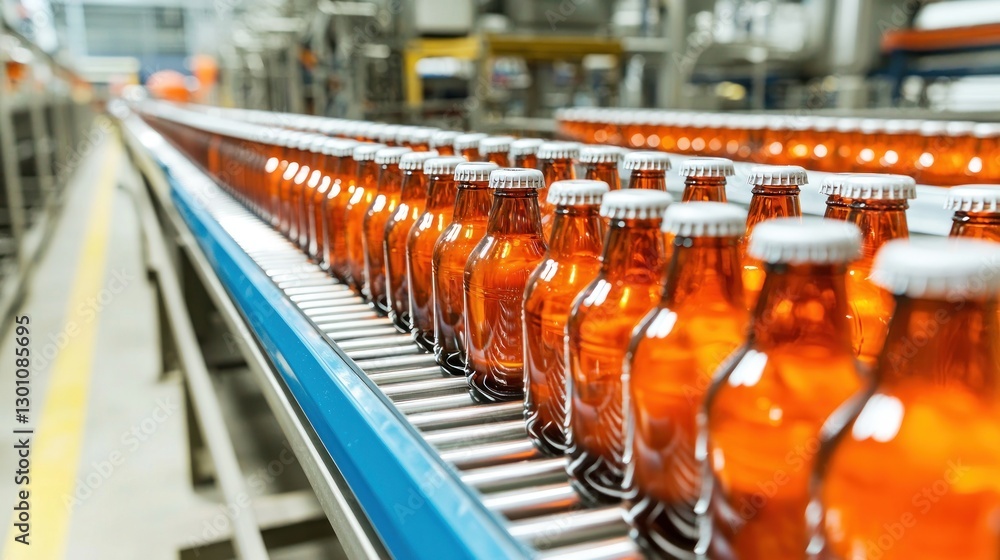 Fototapeta premium Brewery production line action shot warehouse location beer bottling process industrial environment close-up viewpoint