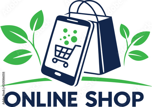 Modern online shop logo featuring mobile phone and shopping bags