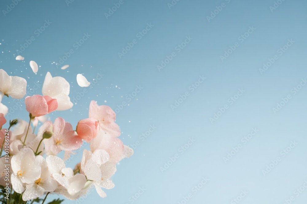 serene field of vibrant spring flowers under clear blue sky dew glistening on petals and gentle breeze swaying stems serene field of vibrant spring flowers under clear blue sky dew glistening on petals and gentle breeze swaying stems