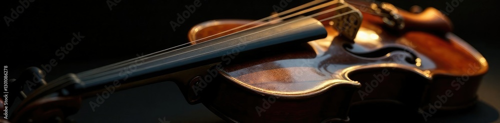 Golden strings of black violin against a dark background, golden strings, light source Golden strings of black violin against a dark background, golden strings, light source