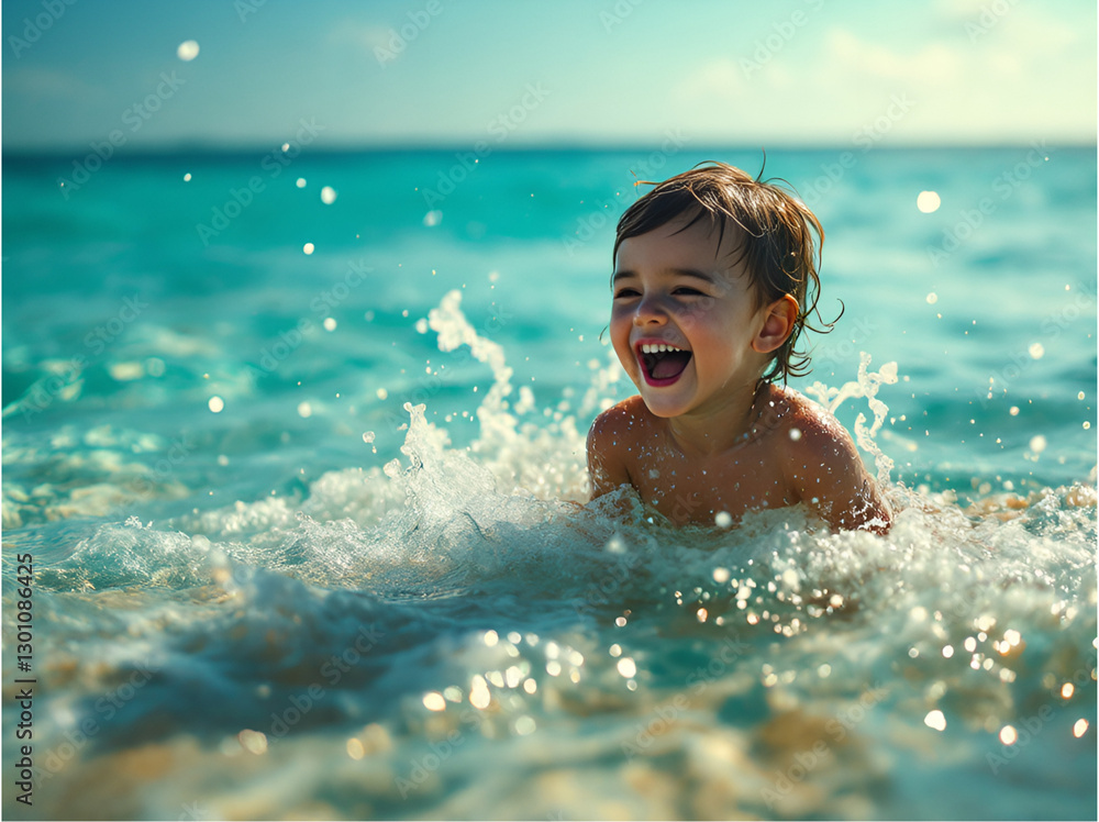 Joyful child laughing while splashing in turquoise ocean waves, summer fun at the beach Joyful child laughing while splashing in turquoise ocean waves, summer fun at the beach
