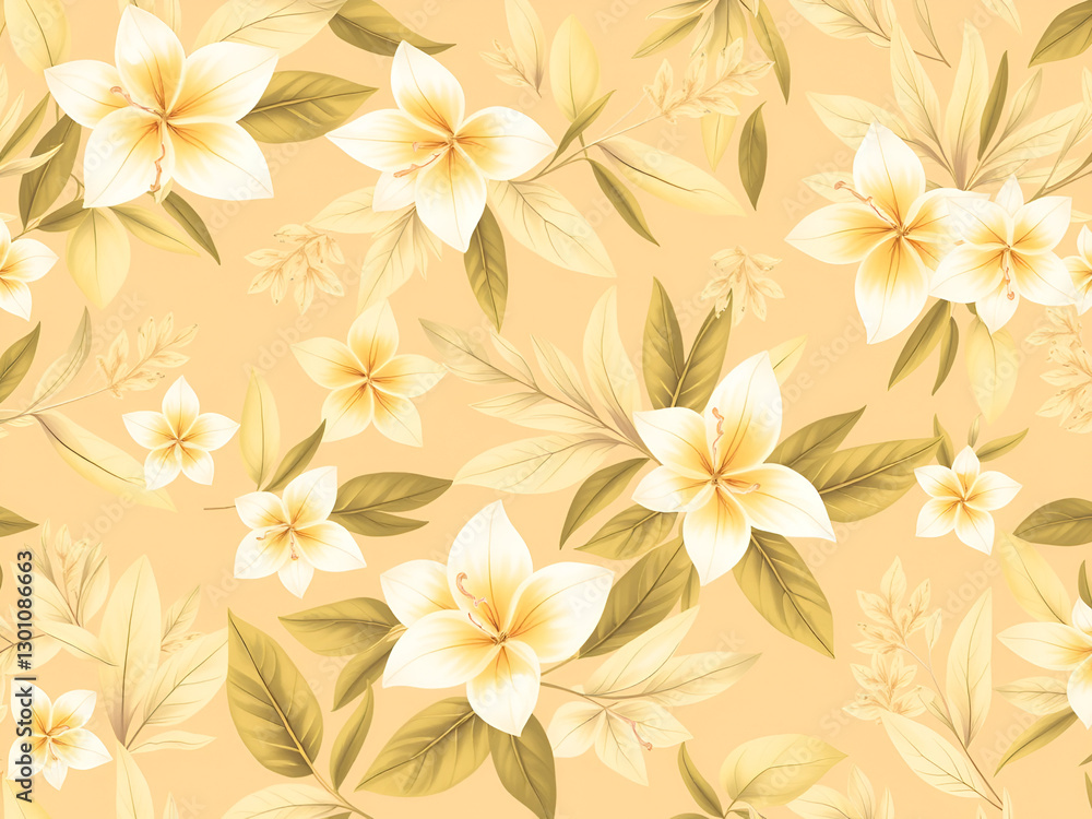 Seamless AI Tropical Floral Pattern with Yellow Flowers and Green Leaves Seamless AI Tropical Floral Pattern with Yellow Flowers and Green Leaves