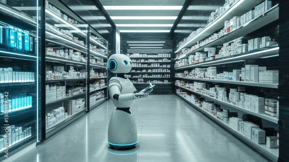 Obraz premium Robot assistant organizing shelves in a modern pharmacy during daytime hours