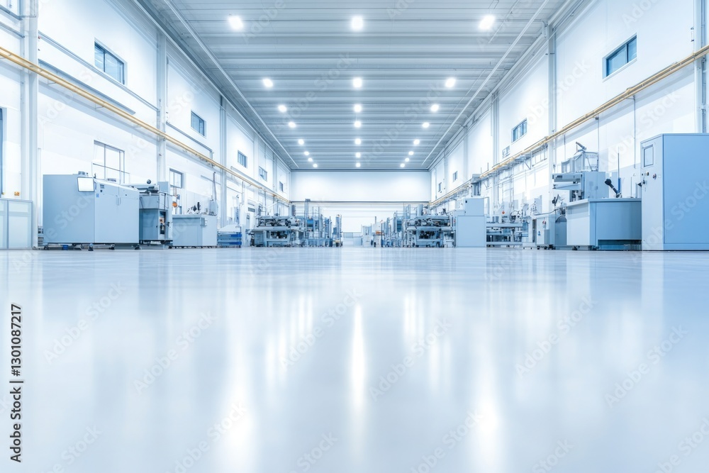 Fototapeta premium wide view of empty industrial workshop featuring orderly equipment lots of light with ample copy space