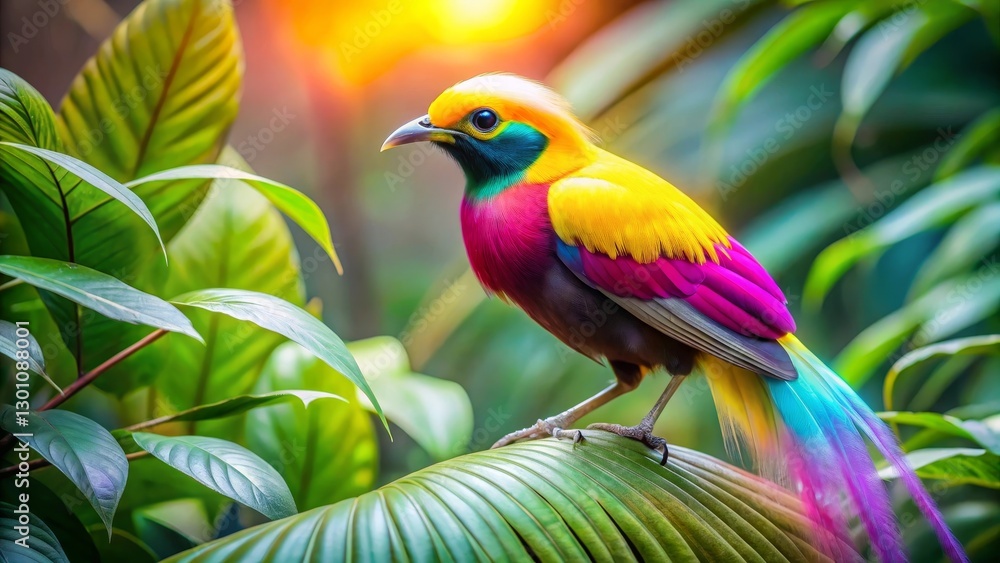 A Vibrant Rainbow-Colored Bird Perched on a Lush Green Leaf in a Tropical Paradise A Vibrant Rainbow-Colored Bird Perched on a Lush Green Leaf in a Tropical Paradise