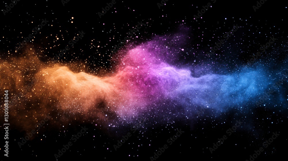 Naklejka premium Vibrant Cosmic Nebula Swirling Orange, Pink, Purple, and Blue Gas Clouds in Dark Space