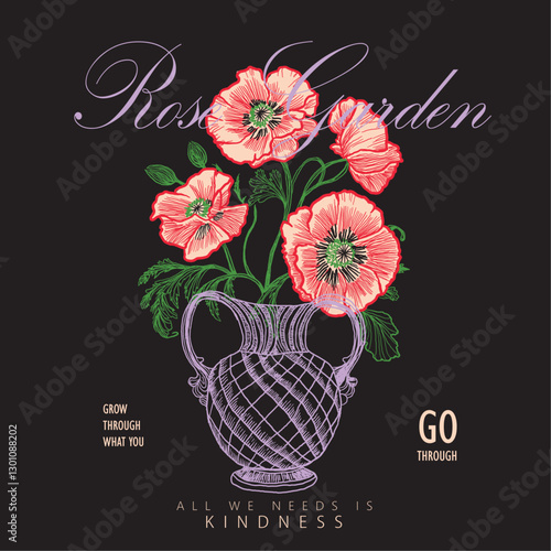 rose garden. all we needs is kindness. flowers print design. hand drawn flowers sketch. girls graphics. t shirt design for womens. print design. flower vector.
