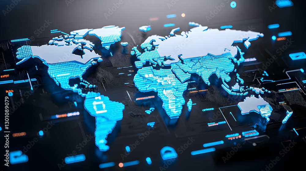 Obraz premium Futuristic World Map with Digital Elements and Blue Glow Effects